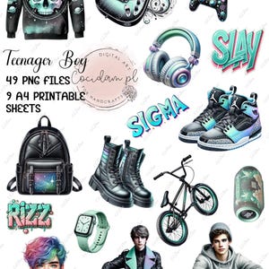 Digitales Scrapbooking-Kit für Teenager-Jungen – 49 PNG-Dateien + 9 A4-Blätter | Trendige Elemente für Bastelarbeiten, Scrapbooks und DIY-Projekte im jungen Slang