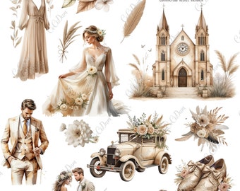 Boho Beige Wedding clipart set transparent background bride groom PNG instant download DIY scrapbook kit, commercial licence handmade bundle