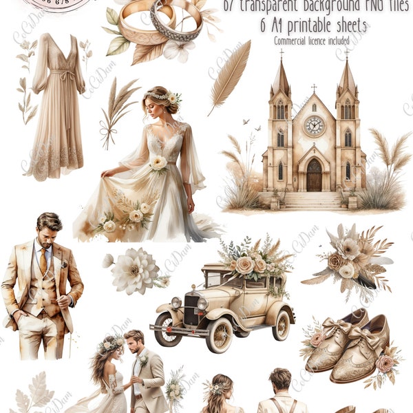 Boho Beige Wedding clipart set transparent background bride groom PNG instant download DIY scrapbook kit, commercial licence handmade bundle