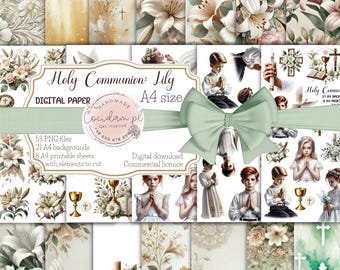 Holy Communion: Lily - 53 graphics, 8 A4 sheets with elements to cut out, 21 A4 backgrounds | digital papers and graphics for First Communion set
