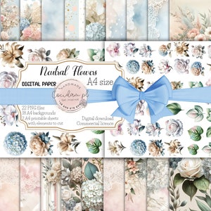 Conjunto de clipart de padrão de flor digital "Flores Neutras", clipart correspondente e flores aquarela de fundo azul, kit de scrapbook de diário de lixo DIY