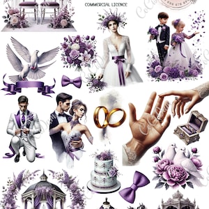 Casamento roxo: fundo transparente de 42 PNGs, 7 folhas recortadas A4 para scrapbooking e artesanato, cliparts de noivos, convite feito à mão