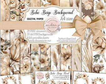 Digital paper  pattern clipart set Boho Beige floral, commercial licence instant download, watercolor baptism DIY scrapbook kit pampas grass