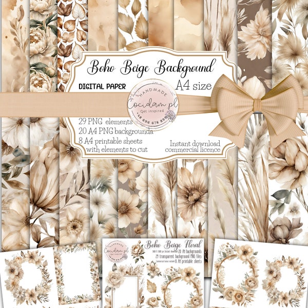 Digital paper  pattern clipart set Boho Beige floral, commercial licence instant download, watercolor baptism DIY scrapbook kit pampas grass