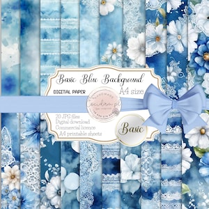 Básico azul aquarela fundo digital imprimível padrão de flores JPG, licença comercial de acesso instantâneo, kit de diário lixo para scrapbooking DIY