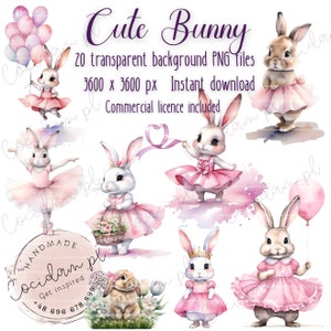 Süßer Hase Ballerina Tutu Baby Shower transparenter Hintergrund, PNG Sofort Download, DIY Scrapbook Kit, kommerzielle Lizenz, Aquarellpaket