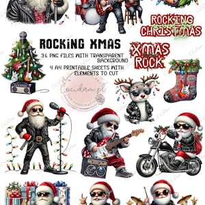 Rocking Xmas – Świąteczna Kolekcja Rockowa | 36 PNG + 4 Arkusze A4 | Licencja komercyjna | Santa Claus in sunglasses | reindeer clipart