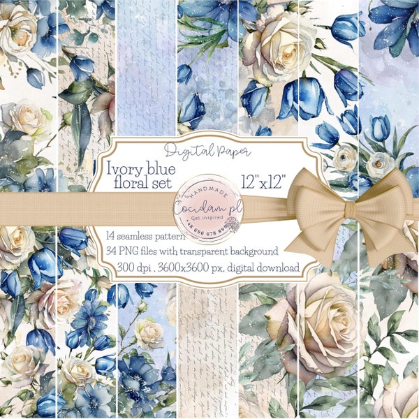 Digital paper seamless pattern clipart set iwory blue floral, commercial licence, instant download, watercolor baptism, DIY scrapbook kit