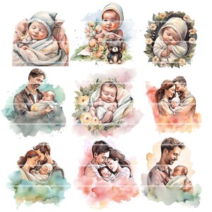 May include: Nine watercolor illustrations of families with newborns. The illustrations feature parents holding their babies, babies sleeping in blankets, and babies with stuffed animals. The illustrations are painted in soft, muted colors and have a whimsical feel.