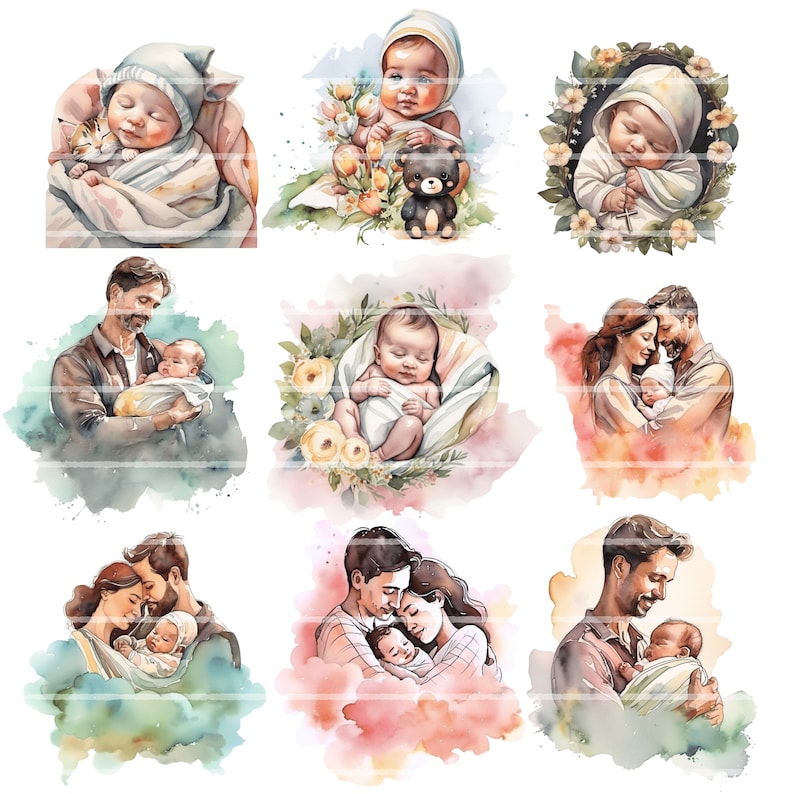 May include: Nine watercolor illustrations of families with newborns. The illustrations feature parents holding their babies, babies sleeping in blankets, and babies with stuffed animals. The illustrations are painted in soft, muted colors and have a whimsical feel.