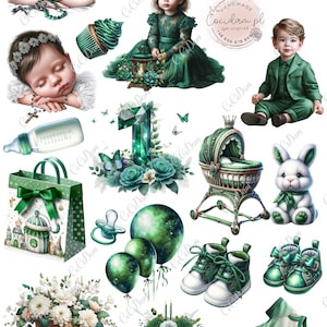 Colección Bebé Esmeralda: Gráficos para Bautismo, Baby Shower y Un Año - 47 PNG, 5 Hojas A4 Verde floral baby shower recién nacido niña niño bautismo