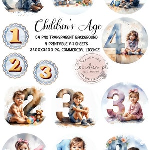 Kinderleeftijd verjaardag clipart set transparante achtergrond, PNG instant download, DIY scrapbook kit, commerciële licentie, aquarelbundel