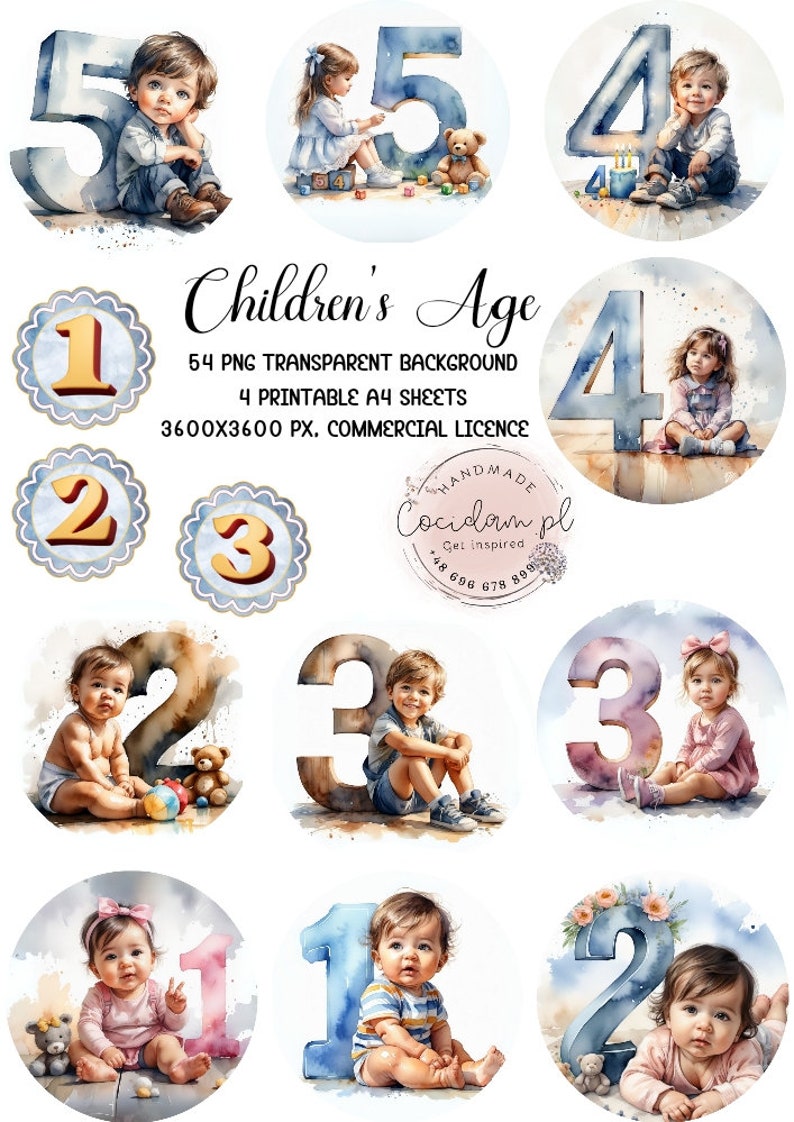 Children's Age Birthday Clipart Set Transparent Background, PNG Instant