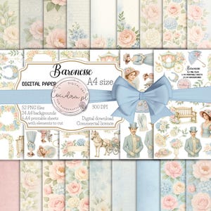 Baronessa – Set mit 52 PNG-Grafiken + 24 A4-Hintergründen + 6 Ausschnittbögen | Romantische Sammlung Vintage Aquarell Scrapbooking DIY Kit