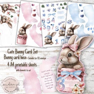 Süßes Häschen-Kartenset – Digitale Scrapbooking-druckbare A4-Blätter mit ausgeschnittenen Elementen | Hasenförmige faltbare Kartenbasis | Rosa und blaue Punkte