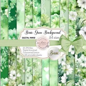 Fundo digital básico em aquarela verde para impressão em JPG com padrão de flores Licença comercial de acesso instantâneo, kit de diário de sucata para scrapbooking faça você mesmo