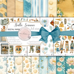 May include: A digital paper set titled "Baltic Summer" with various beach-themed patterns, including seashells, flowers, and stripes. The set includes 77 PNG files, 17 A4 backgrounds, and 8 printable sheets. The image also shows illustrations of beach scenes and people.