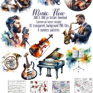 Muziek Flow naadloze patroon clipart set transparante achtergrond PNG insta, DIY scrapbook kit, commerciële licentie, aquarel bundel