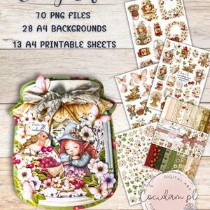 Elfo Cereza - conjunto de gráficos para scrapbooking 70 PNG + 28 fondos A4 | elfos, cerezas, flores, colección de cuentos de hadas, 13 hojas A4 para recortar