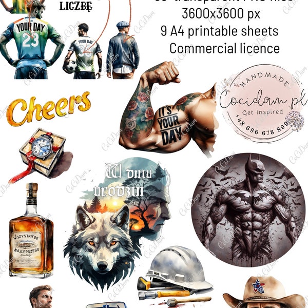 Just Men steampunk birthday clipart set transparent background PNG instant download, DIY scrapbook kit commercial licence, watercolor bundle