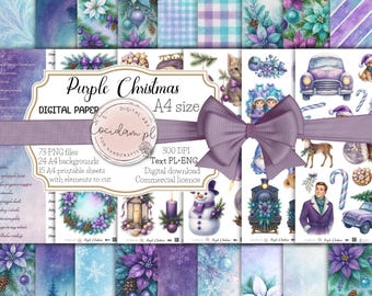 Purple Christmas Clipart Set – 73 PNG + 24 A4 Backgrounds + 15 Cutting Sheets | Watercolor Christmas Scrapbooking Kit | Pastel Xmass Bundle