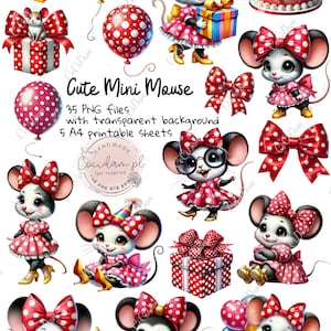 Pacote fofo de gráficos de mini mouse – 35 PNGs + 6 folhas A4, licença comercial incluída, perfeito para artesanato e scrapbooking | Laço de bolinhas