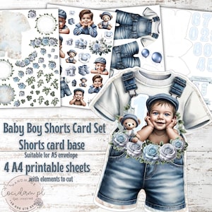 Ensemble de cartes pour bébé garçon - Collection de scrapbooking numérique pour cartes DIY | Feuilles A4 imprimables avec éléments découpés | Particuliers et commerciaux