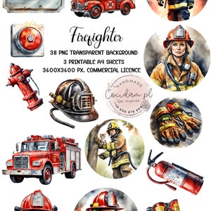 Conjunto de clipart em aquarela de bombeiro, resgate do corpo de bombeiros 911, licença comercial, fundo transparente, pacote de download instantâneo