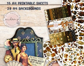 Art Deco Digital Scrapbooking Kit | 76 PNGs, 15 cutout sheets, 28 A4 backgrounds | Gilded patterns, roses, pearls, 1920s | Masculine card graphics