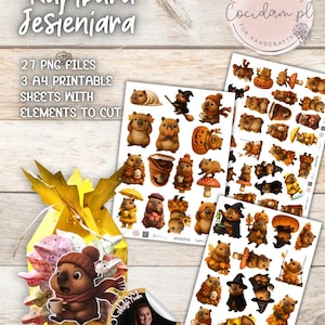 May include: Digital art print featuring a collection of capybara illustrations in autumn themes. Includes 27 PNG files and 3 A4 printable sheets with cut-out elements. The design includes a gift bag and a sticker with a woman's photo.