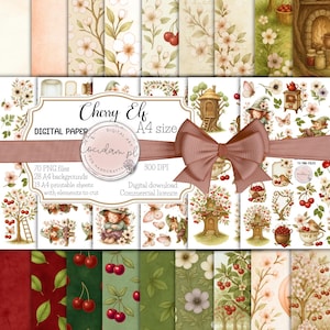 Elfo Cereza - conjunto de gráficos para scrapbooking 70 PNG + 28 fondos A4 | elfos, cerezas, flores, colección de cuentos de hadas, 13 hojas A4 para recortar