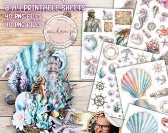 Shell Card Base Set | Printable Shell Card Template | Mermaid & Ocean PNG | Sea Scrapbooking Digital Kit | A4 Printable Sheets Transparent