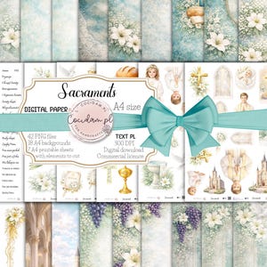 May include: Digital paper set with watercolour illustrations on a religious theme. The set includes backgrounds with floral and grape designs, along with illustrations of religious symbols and figures. The text "Sacraments" is visible.