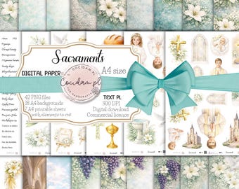 Sacraments digital scrapbooking paper collection Baptism Communion Confirmation Primicje PNG backgrounds A4 cutting elements, Polish inscriptions