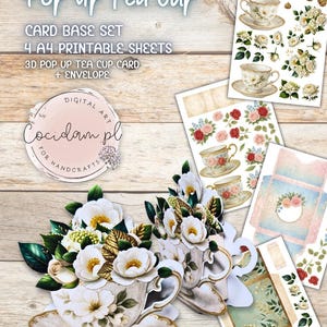 Copo de cartão pop-up 3D com flores para impressão - Kit de artesanato faça você mesmo para cortar com envelope para aniversário, casamento, dia das mães e scrapbooking