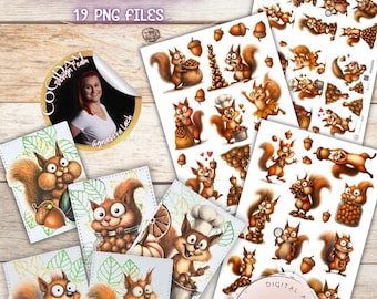 Squirrel – funny squirrels in love with a peanut | autumn scrapbooking graphics, PNG + A4 sheets for cutting