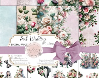 Pink Wedding Collection Elegant Watercolor Backgrounds, Bride & Groom Wedding Rings, Flowers, Table Decorations Cut-Out Elements invitations