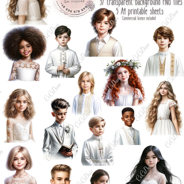 First Holy Communion Favor Cliparts set Kids in White, elegant watercolor child white dress alb invitation Instant Access, png graphics