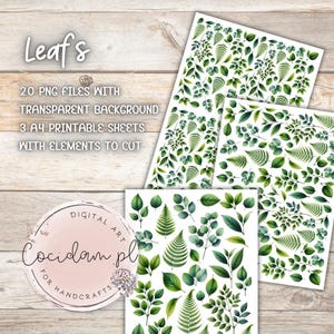 Leafs – Digital samling av löv som kompletterar dina scrapbookingkompositioner | 20 PNG-filer + 3 A4-ark för utklippning | 300 DPI