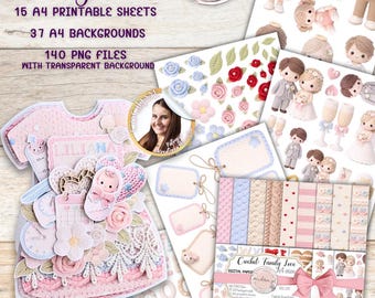 Crochet: Family Love – digital scrapbooking collection, crochet backgrounds, digital papers and cut-out elements for baptisms, weddings, and birth certificates