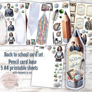Terug naar schoolkaartenset - digitale scrapbookingcollectie voor doe-het-zelfkaarten | Afdrukbare A4-vellen met uitgesneden elementen | Persoonlijk en commercieel