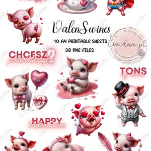 ValenSwines - Bella collezione di San Valentino: 38 file PNG + 10 fogli A4 con elementi ritagliati | Maiali e maialini divertenti | Amore