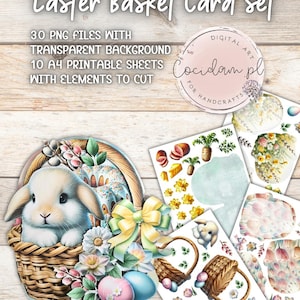 Conjunto de cartões de cesta de Páscoa – kit de criação de cartões 3D, clipart PNG, recortes, cesta de Páscoa, kit de scrapbooking faça você mesmo