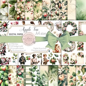 Może przedstawiać: Pakiet papieru cyfrowego z 60 plikami PNG w motywie jabłoni. Pakiet zawiera 20 tła A4, 7 arkuszy A4 do druku z elementami do wycięcia oraz licencję komercyjną. Obrazy przedstawiają różne wzory jabłoni, w tym kwiaty, liście, jabłka i gałęzie. Kolory są głównie zielone, białe i różowe.