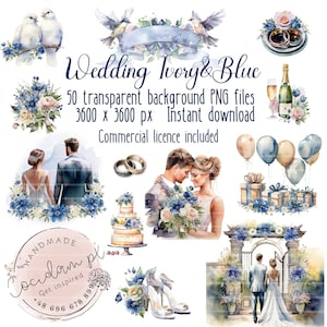 Wedding Ivory & Blue clipart set fondo transparente, descarga instantánea PNG, kit de álbum de recortes DIY, licencia comercial, paquete hecho a mano