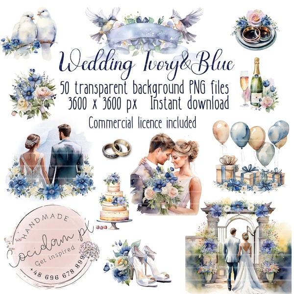 Wedding Ivory & Blue clipart set transparent background, PNG instant download, DIY scrapbook kit, commercial licence, handmade bundle