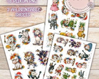 Funny Unicorn Clipart Set – 18 PNGs + 3 A4 Cuttable Sheets Crazy Unicorns Kawaii Unicorn PNG Scrapbooking, Cardmaking, Printable
