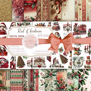 Rote Weihnachten Vintage PNG Clipart | 40 rote Weihnachtsgrafiken | A4-Hintergründe und ausgeschnittene Elemente | Feiertags-Scrapbooking | Kartenherstellung zum Selbermachen