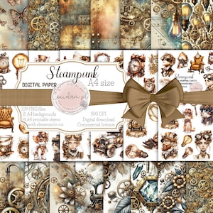 Steampunk Digitaal Scrapbook Papier Set – 109 PNG's, 15 A4 Knipvellen, 15 Achtergronden – Vintage Industriële Graphics | Zelfbouwset