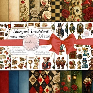 Steampunk Wonderland – 44 A4-Hintergründe und 72 PNG-Grafiken für Scrapbooking, Alice im Wunderland, Rosen, Zahnräder, Retro-Karten, Teekannen und Uhren
